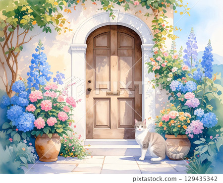 Flowers, a stylish door, and a cat 129435342