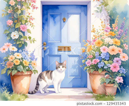 Flowers, a stylish door, and a cat 129435343