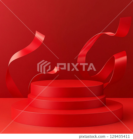A vibrant circular red podium sits centered against red background, creating a bold, monochromatic, and theatrical display. A vibrant circular red podium sits centered against red background, creating a bold, monochromatic, and theatrical display. 129435411