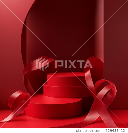 A vibrant circular red podium sits centered against red background, creating a bold, monochromatic, and theatrical display. A vibrant circular red podium sits centered against red background, creating a bold, monochromatic, and theatrical display. 129435412