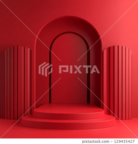 A vibrant circular red podium sits centered against red background, creating a bold, monochromatic, and theatrical display. A vibrant circular red podium sits centered against red background, creating a bold, monochromatic, and theatrical display. 129435427