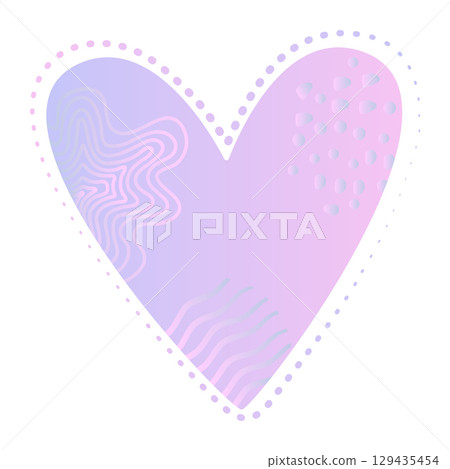Pink and violet gradient heart with memphis style elements, waves, spiral, dots and dotted contour 129435454