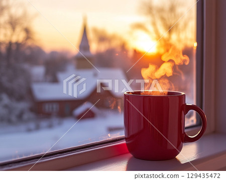 A steaming red mug sits on a windowsill, looking out at a snowy, winter landscape at sunset. The sky is a vibrant mix of orange, red, and yellow. 129435472