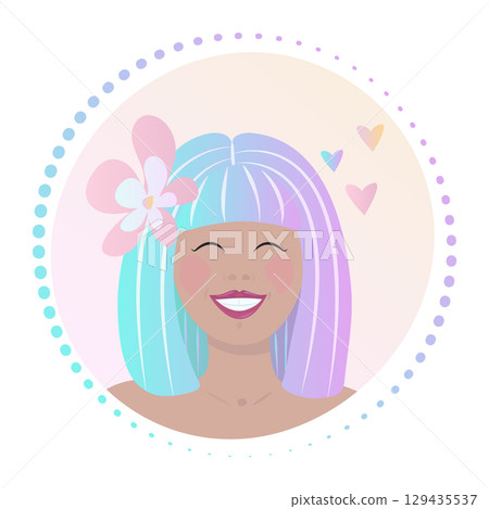 Happy woman face with smile, vector gradient sign, lady with bob haircut and flower in hair, round colorful illustration 129435537