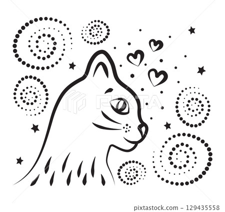 Cute cat in profile, swirls, spirals and hearts, black monochrome vector illustration Cute cat in profile, swirls, spirals and hearts, black monochrome vector illustration 129435558