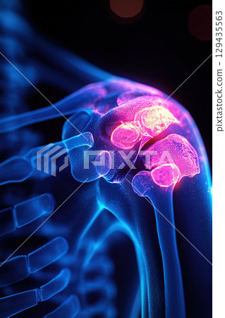 Understanding shoulder joint pain with neon highlights in the human skeletal system 129435563