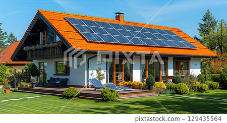 Solar panel on the roof of a private house, renewable alternative technology green energy. 129435564