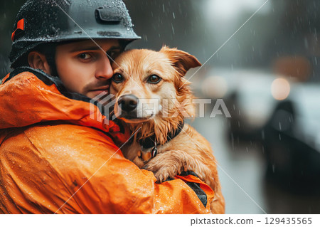 Rescuer in uniform saving a scared dog during urban flood crisis 129435565