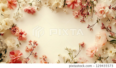 A beautiful and vibrant frame of various colorful flowers, including dahlias, anemones, and baby's breath, is arranged on a clean white background. A beautiful and vibrant frame of various colorful flowers, including dahlias, anemones, and baby's breath, is arranged on a clean white background. 129435573