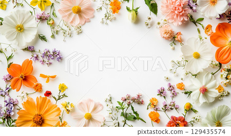 A beautiful and vibrant frame of various colorful flowers, including dahlias, anemones, and baby's breath, is arranged on a clean white background. 129435574