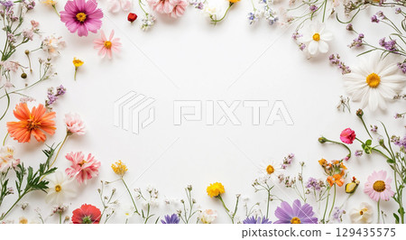 A beautiful and vibrant frame of various colorful flowers, including dahlias, anemones, and baby's breath, is arranged on a clean white background. A beautiful and vibrant frame of various colorful flowers, including dahlias, anemones, and baby's breath, is arranged on a clean white background. 129435575