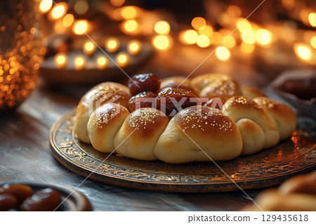 A rustic wooden plate holds a delicious arrangement of glossy dates and golden-brown pastries. The scene is illuminated by soft, crescent moon-shaped lights. 129435618