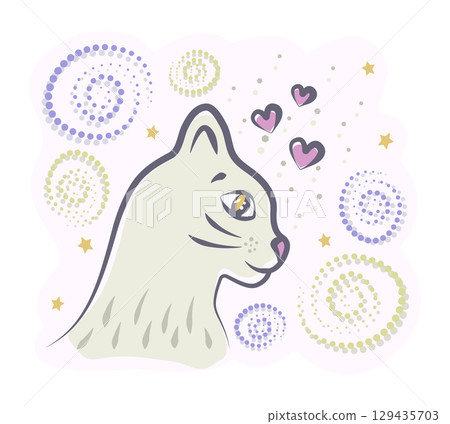 Cute magical cat in profile, swirls, spirals, hearts and stars in the sky on a background, light colorful vector illustration, post-impressionist art inspired by swirling strokes and color contrasts Cute magical cat in profile, swirls, spirals, hearts and stars in the sky on a background, light colorful vector illustration, post-impressionist art inspired by swirling strokes and color contrasts 129435703