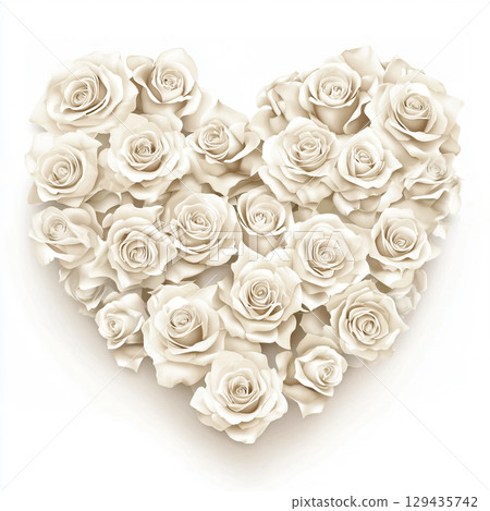 A close-up image shows a beautiful heart shape made of many different sized white roses, creating a texture against a light, neutral background. 129435742