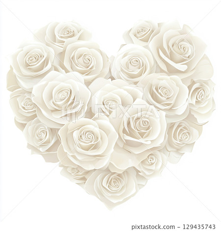 A close-up image shows a beautiful heart shape made of many different sized white roses, creating a texture against a light, neutral background. 129435743