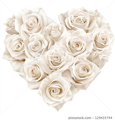 A close-up image shows a beautiful heart shape made of many different sized white roses, creating a texture against a light, neutral background. 129435744