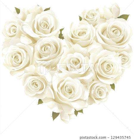 A close-up image shows a beautiful heart shape made of many different sized white roses, creating a texture against a light, neutral background. 129435745