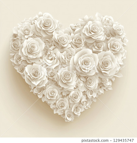 A close-up image shows a beautiful heart shape made of many different sized white roses, creating a texture against a light, neutral background. 129435747