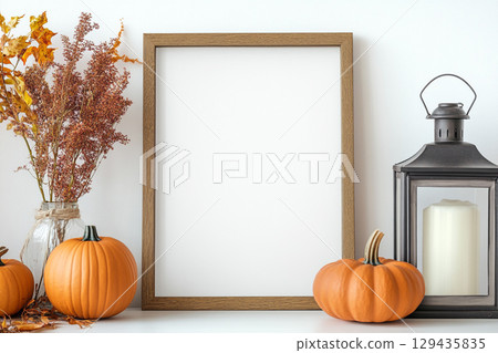 A blank, vertical black picture frame is a centerpiece surrounded by autumn decor. The decorations include pumpkins, lanterns with candles, dried leaves, and tall grasses. 129435835