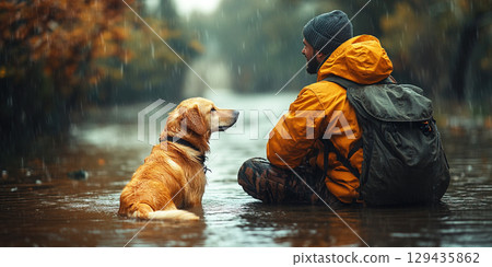 Rescuer helps scared dog during city flood rescue operation in heavy rain. Header banner mockup with copy space. 129435862