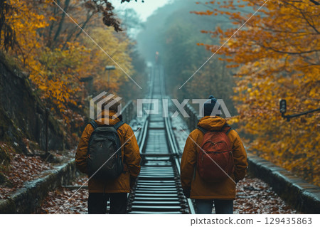 Two travelers await the retro funicular in an autumn landscape with vibrant foliage 129435863