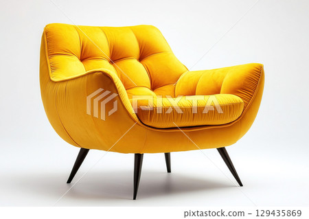 Modern yellow armchair with plush fabric and sleek design on white background 129435869