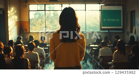 Lecturer engages students in a classroom setting during an educational session in late afternoon. Header banner mockup with copy space. Lecturer engages students in a classroom setting during an educational session in late afternoon. Header banner mockup with copy space. 129435982