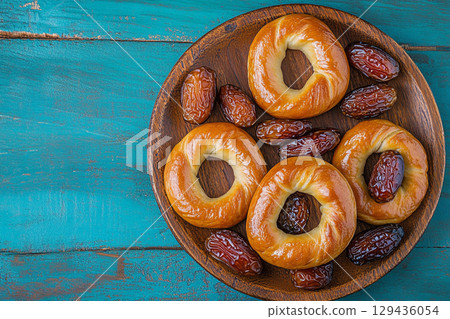 A top down shot of a rustic wooden plate filled with dates and small bagels, set against a vibrant, textured teal background. A top down shot of a rustic wooden plate filled with dates and small bagels, set against a vibrant, textured teal background. 129436054