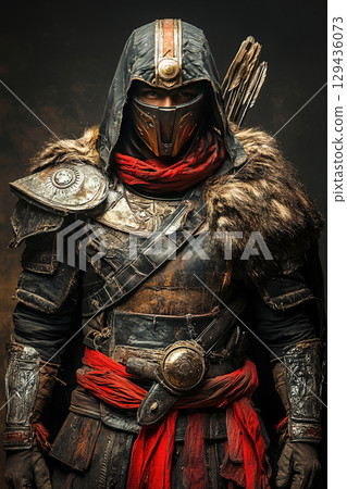 Indian warrior in full armor stands tall and fierce on a white background isolated 129436073