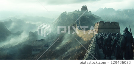 Chinese soldiers patrol the Great Wall as guardians of history and culture. Header banner mockup with copy space. 129436083