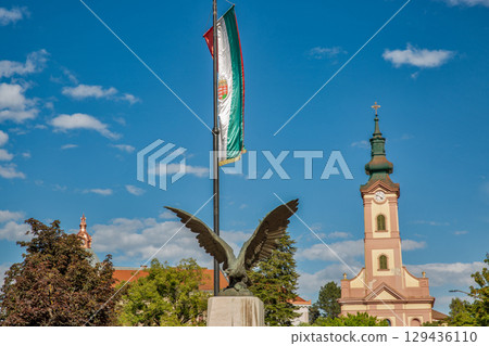 Eagle monument with hungarian flag in Nagykanizsa, Hungary. Eagle monument with hungarian flag in Nagykanizsa, Hungary. 129436110