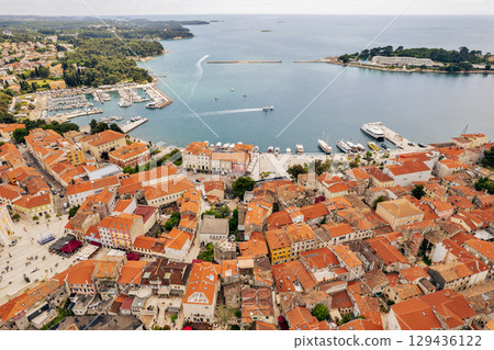 Aerial drone view of historic town Porec in Croatia. 129436122