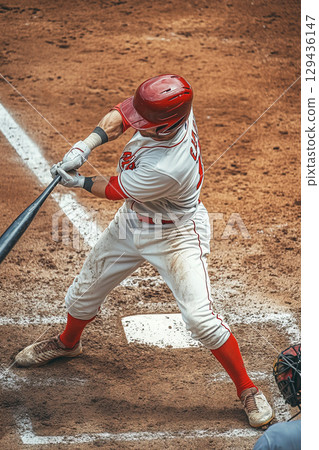 Baseball player connects with a pitch during a competitive game in a dusty ballpark 129436147