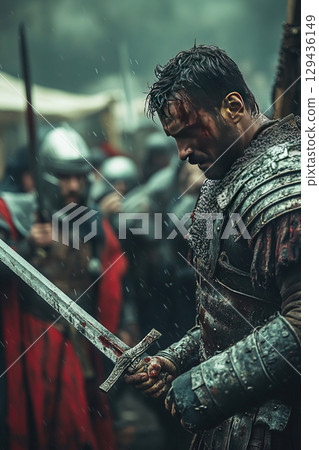 Duel between barbarian German and Roman warrior in ancient battlefield 129436149