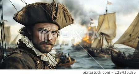 Conflict on open waters during the Second Anglo Dutch War with naval ships and a commander. Header banner mockup with copy space. Conflict on open waters during the Second Anglo Dutch War with naval ships and a commander. Header banner mockup with copy space. 129436186