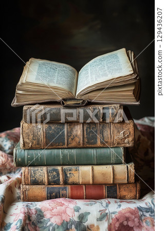 Stack of antique books with one open on top showcasing vintage pages and worn covers 129436207