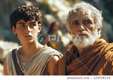 Plato teaches young Aristotle about sciences using ancient papyri in a serene outdoor setting 129436239