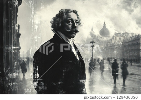 Portrait of Louis Daguerre in a modern urban setting showcasing his influence on photography 129436350