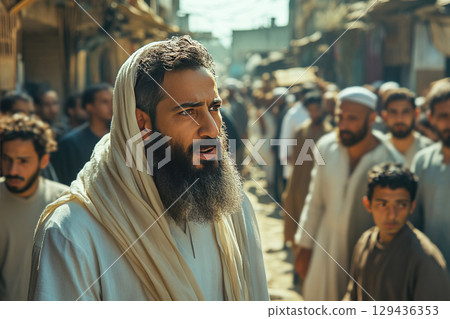 Muhammad speaks with Muslim Arabs in a bustling market near a mosque under bright sunlight Muhammad speaks with Muslim Arabs in a bustling market near a mosque under bright sunlight 129436353