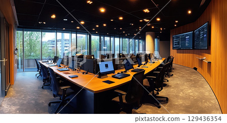 Modern office setup with large desks and multiple laptops for collaborative work. Header banner mockup with copy space. 129436354