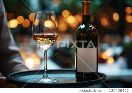 Waiter serves glass of wine alongside an open wine bottle in an elegant restaurant setting 129436432