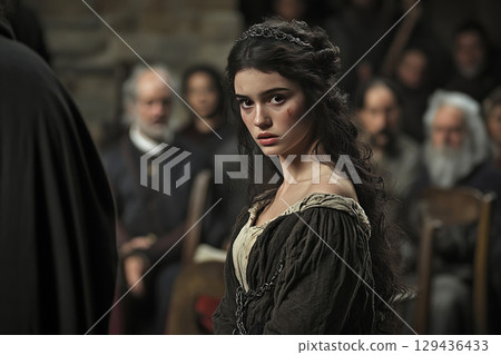 Young woman in rags stands before priests during witch trial inquisition 129436433