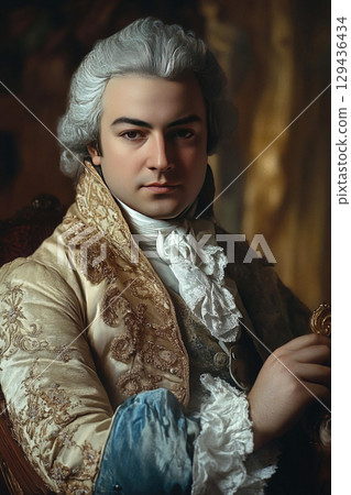 Portrait of Wolfgang Amadeus Mozart in elegant attire reflecting 18th century artistry 129436434