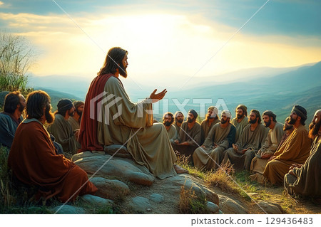 Sermon on the Mount where Jesus speaks to a gathered crowd under the sunlight 129436483