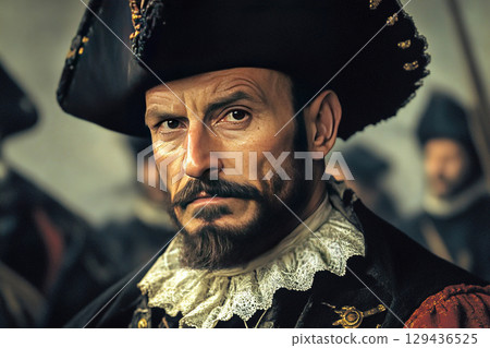 Francisco Pizarro confronts Inca leader Atahualpa during the conquest of Peru 129436525