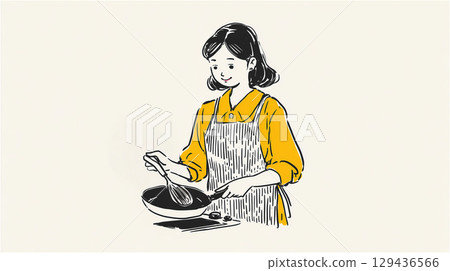 圖說：一位身穿黃色襯衫和條紋圍裙的年輕女子正在用煎鍋做飯 129436566
