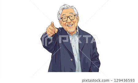一位戴著眼鏡、微笑的老人向前看的肖像 129436593