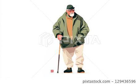 一位面無笑容的男子，戴著帽子，穿著厚夾克，拄著拐杖 129436596