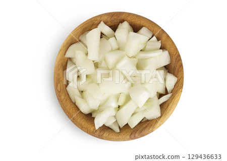 Onion slices in a wooden bowl isolated on a white background. Top view. Flat lay. Onion slices in a wooden bowl isolated on a white background. Top view. Flat lay. 129436633