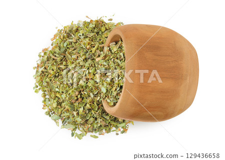Oregano or marjoram leaves fresh and dry in wooden bowl isolated on white background. Top view. Flat lay 129436658